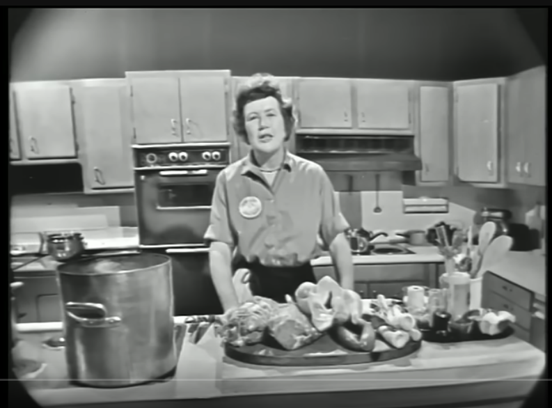 A screen shot from "The French Chef with Julia Child", season 1 - "Dinner in a Pot".