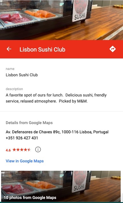 A screenshot of a restaurant listing from the Google Map found at https://thecookandthewriter.com/our-favorite-lisbon-restaurants/