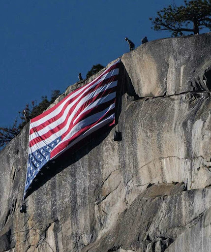 An American flag hung upside down to signal dire distress by employees at Yosemite National Park on 22 Feb 2025.