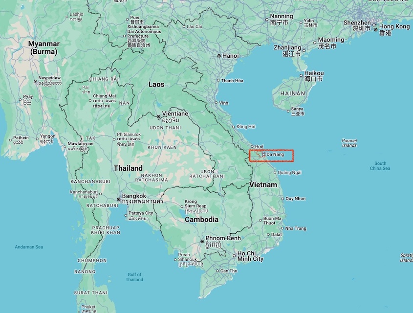 A map of Southeast Asia with Da Nang, Vietnam highlighted