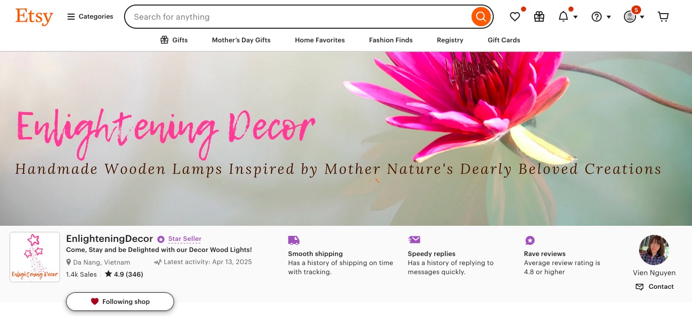 A screenshot showing the Enlightening Decor storefront on Etsy.com.