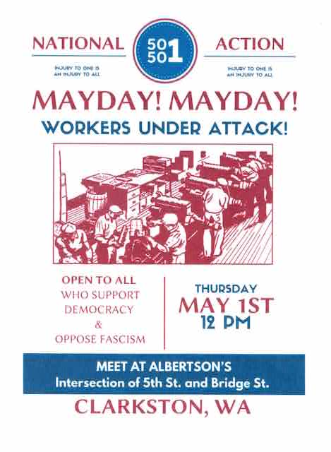 A flyer announcing the MayDay rally on May 1, 2025 in Clarkston, WA