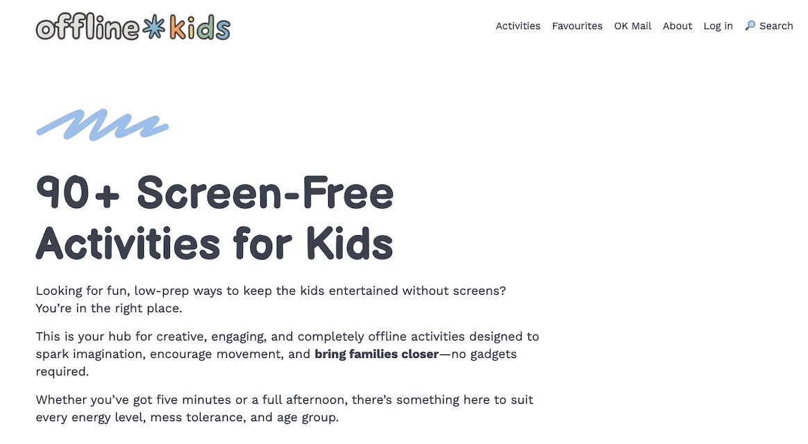 The Activites page at offline.kids.