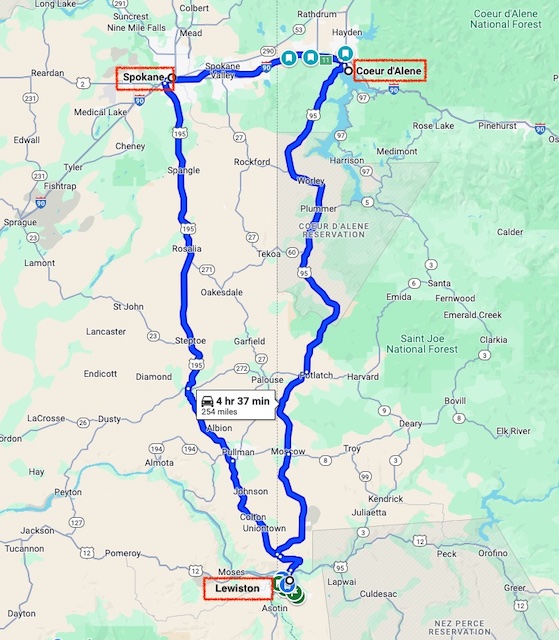 A Google map that shows the route we took from Lewiston to Spokane, Washington to Coeur d' Alene, Idaho and back to Lewiston.