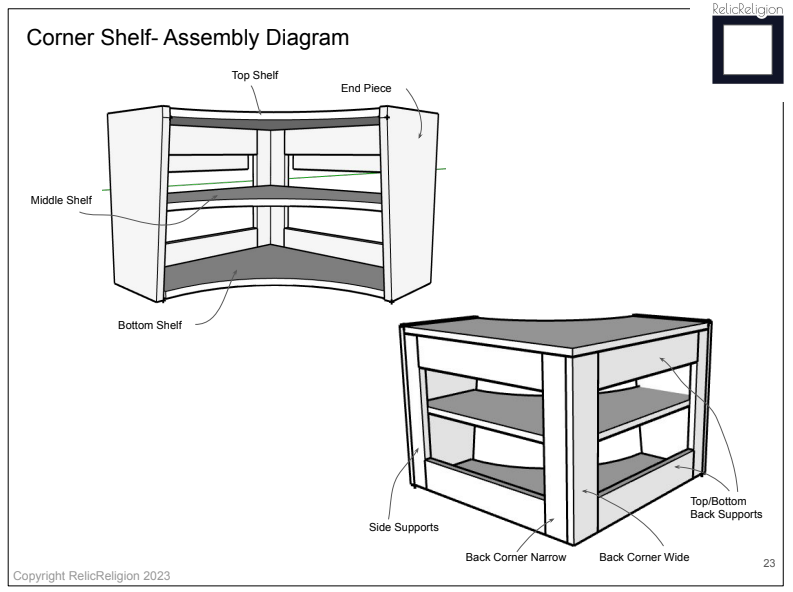 A page from the plans showing the corner shelf unit