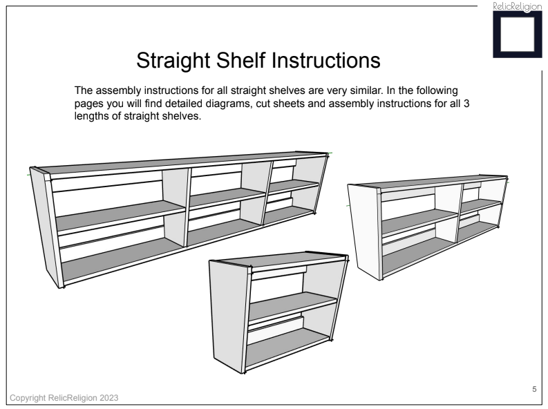 A page from the plans showing the straight shelf variations
