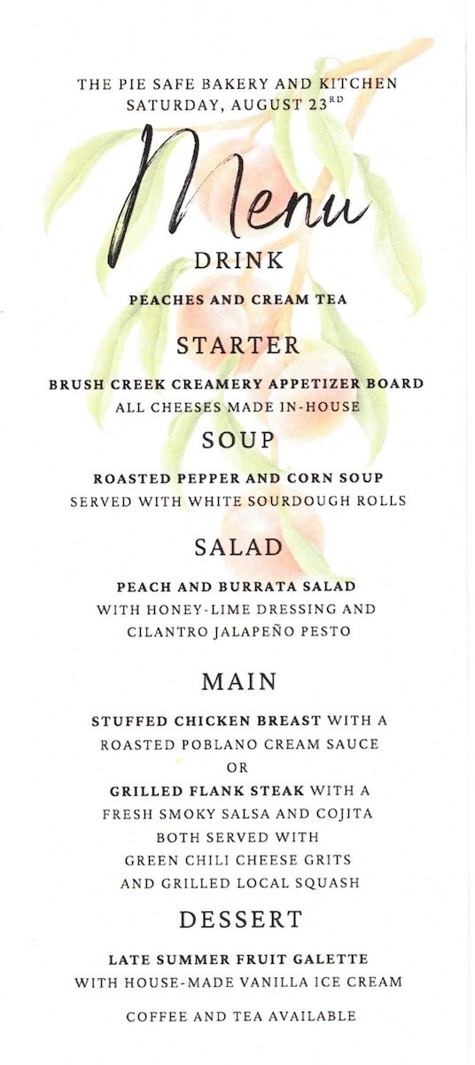 The menu for the Special Dinner at the Pie Safe Bakery and Kitchen on August 23, 2025