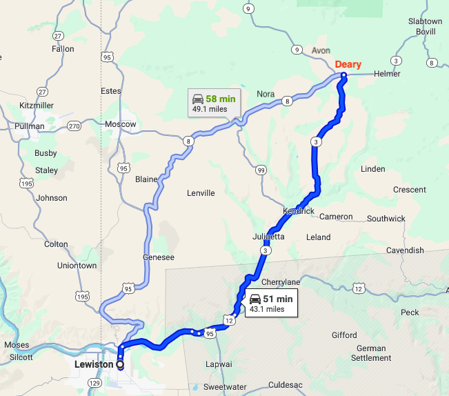 A map that shows multiple routes to get from Lewiston, ID to Deary, ID