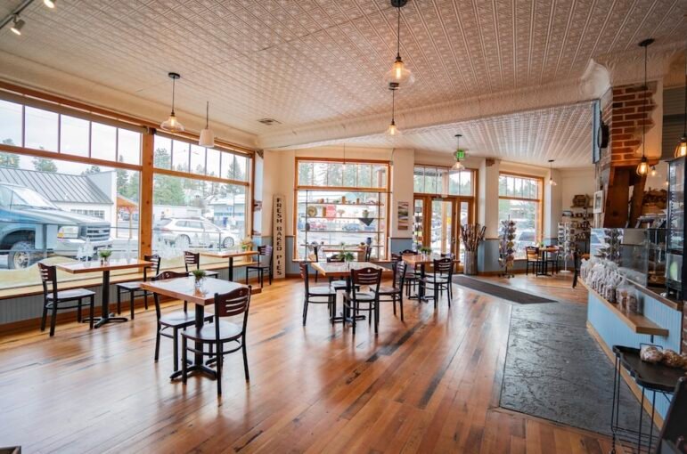 An interior view of the entrance and front dining room at The Pie Safe Bakery.