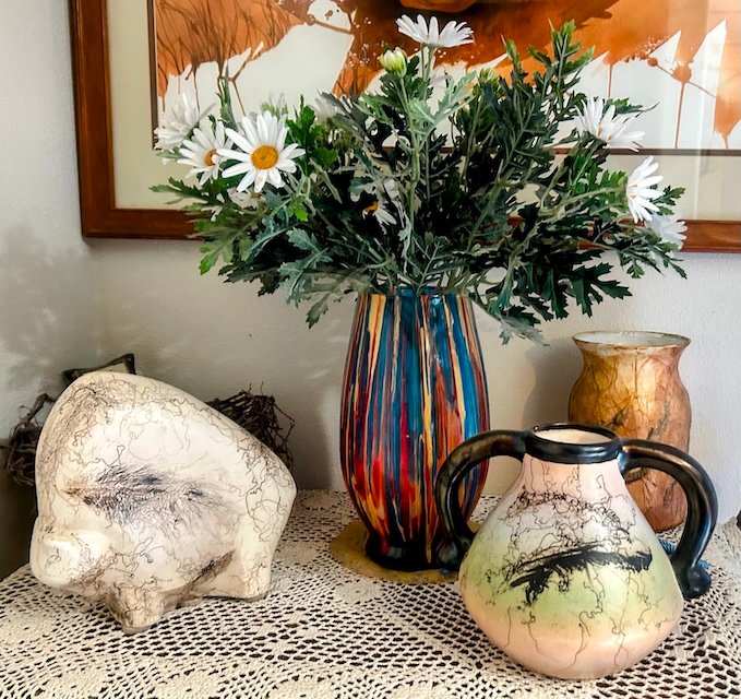 0075 - Ceramics at Polly's house Some of Polly Walker's raku pottery.