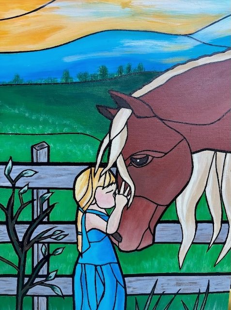 A stained glass on canvas painting by Polly Walker of a young girl and a horse.