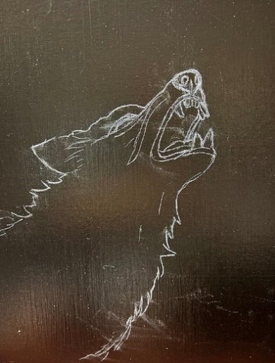 Step 1 of Polly Walker's "Stained Glass on Canvas" technique: She sketches an outline of her subject with chalk on a canvas board covered with black paint.