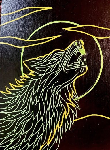 Step 6 of Polly Walker's "Stained Glass on Canvas" technique: She tapes off areas for additional details - like clouds.