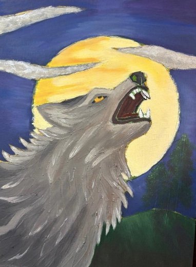 Step 7 of Polly Walker's "Stained Glass on Canvas" technique: She paints the picture, over the tape, using acrylic paint.