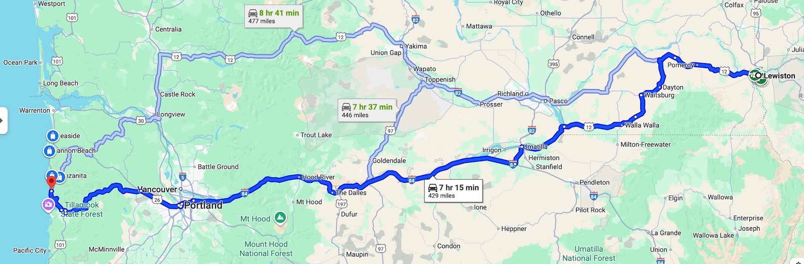 A Google map showing the route from Lewiston, Idaho to Rockaway Beach, Oregon.