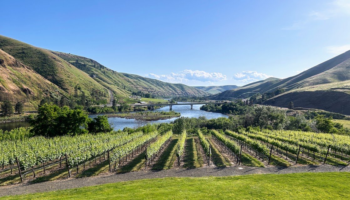 The view down the Clearwater River from the tasting room at Rivaura Winery in Juliaetta, Idaho.